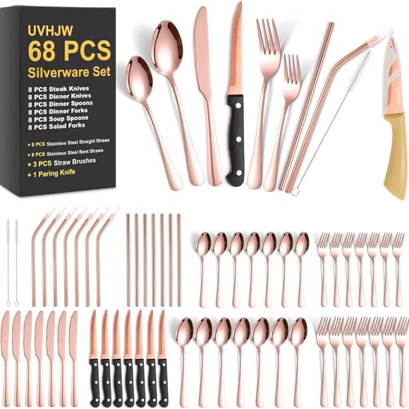 68 Pieces Rose Gold Silverware Set with Steak Knife for 12 Stainless Steel Flat